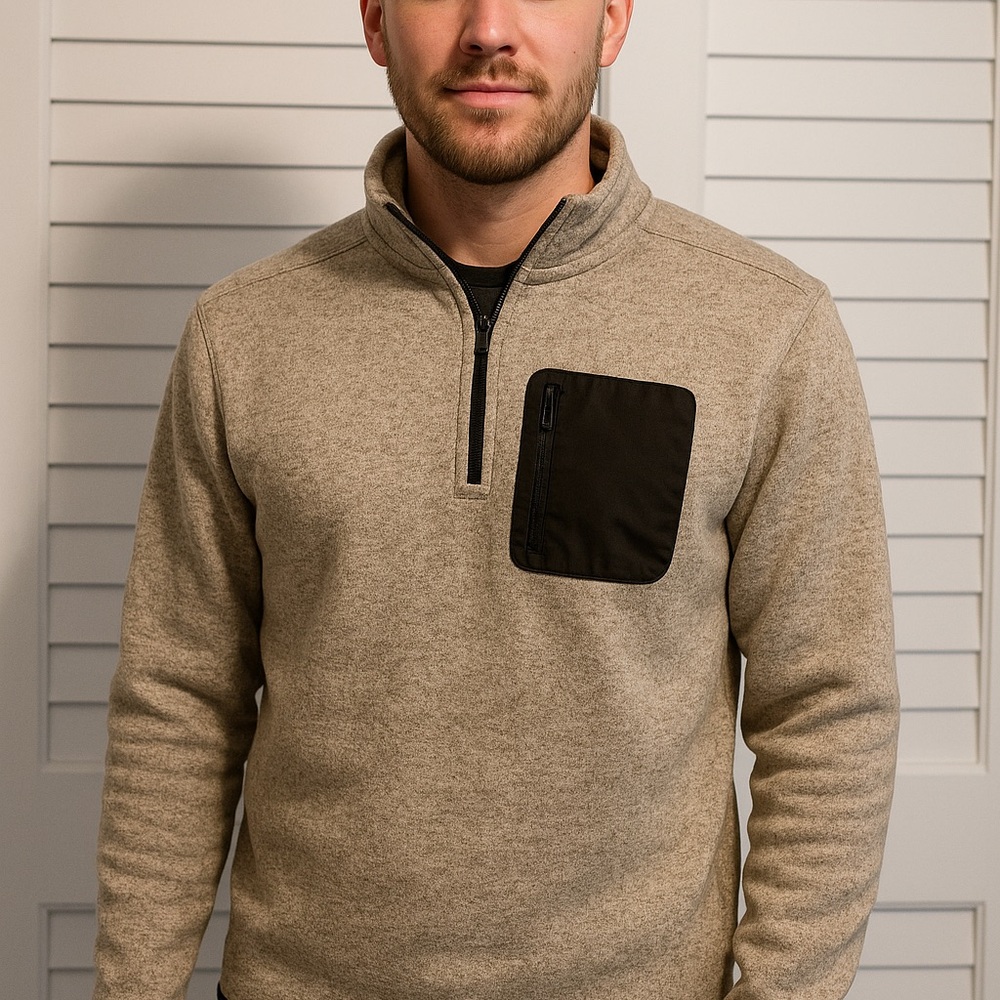 Urban Pipeline Men's Tan Zip-Up Sweater with Black Pocket